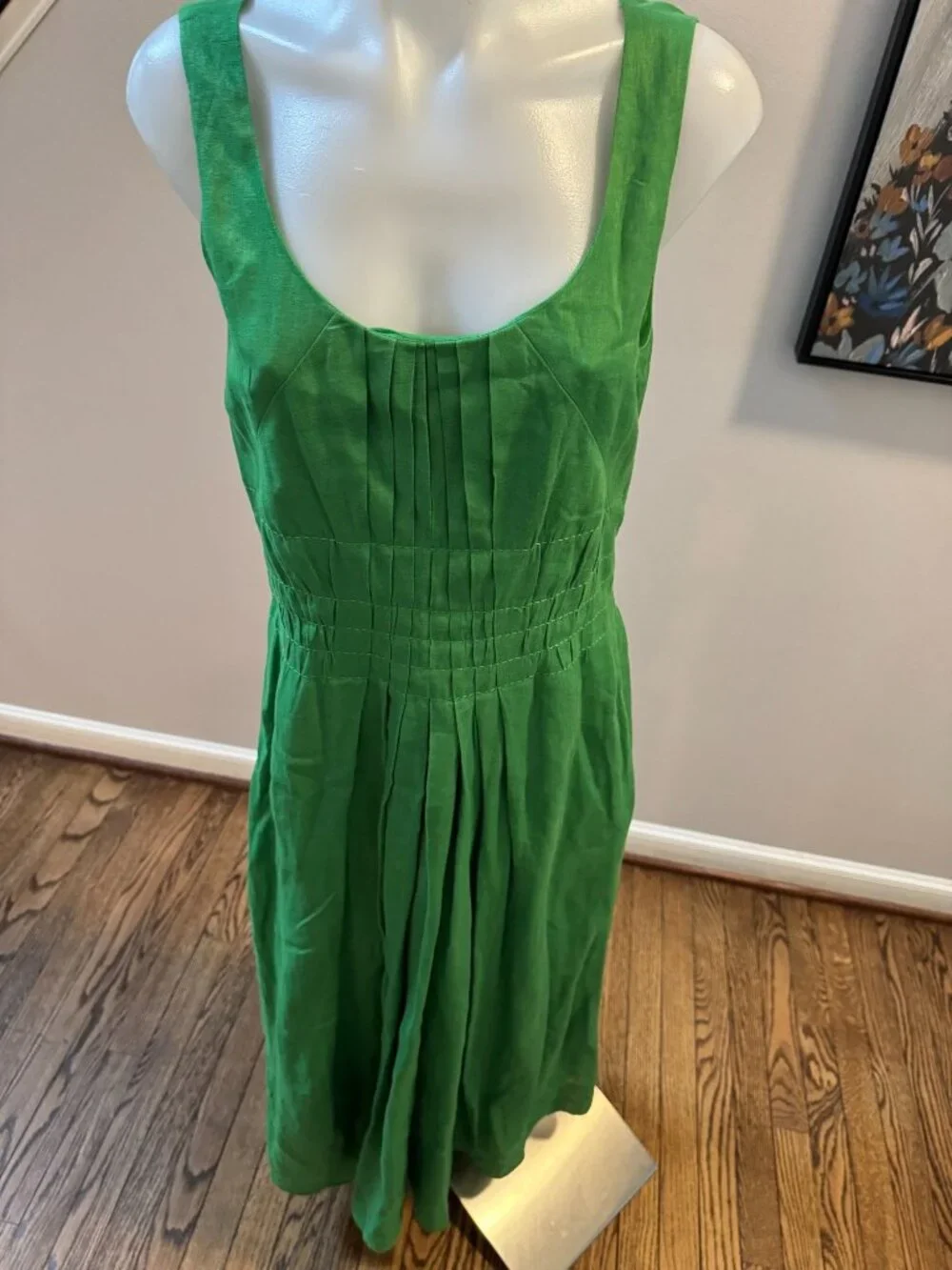 Tory Burch Pleated 100% Linen Midi Dress Bright Green Leaf Size 6